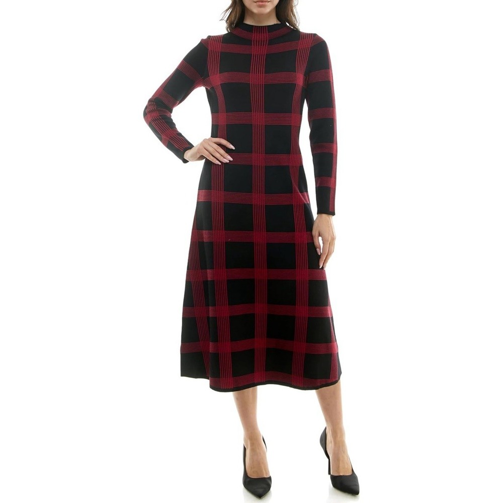 NWT Maison Tara Women's Long‎ Sleeve Mock Neck Plaid Sweater Midi Dress Size L